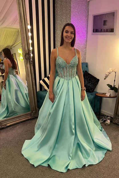 V-neck Sage Green Beaded Pleated A-line Long Dress