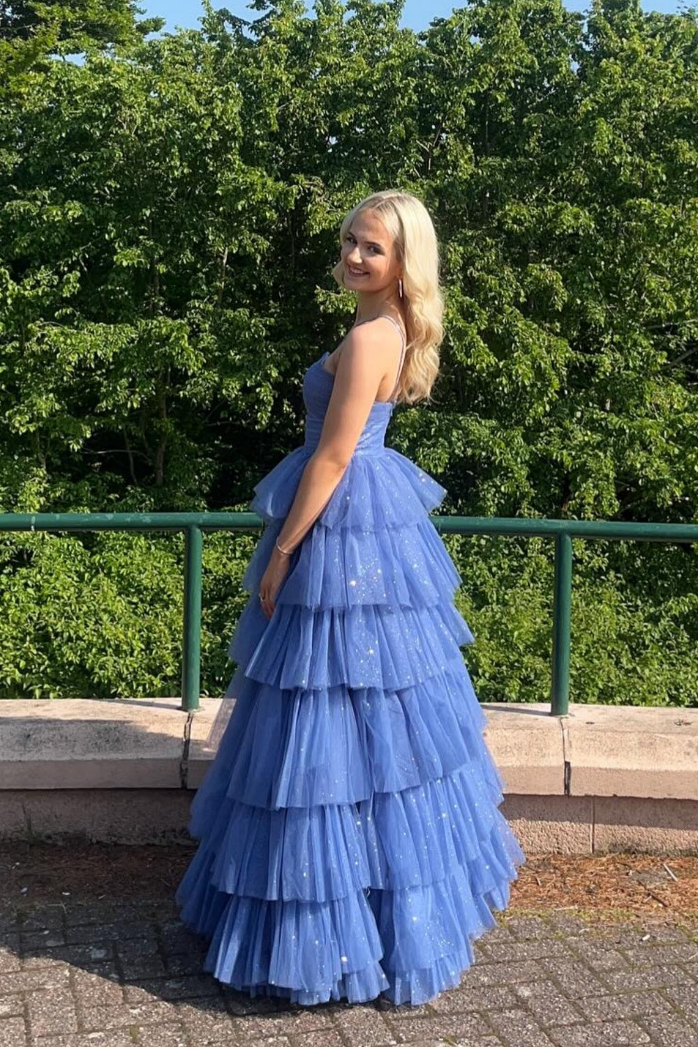 Sweetheart Spaghetti Straps Sleeveless Floor-Length Pleated Tulle Tiered A-Line Prom Dress