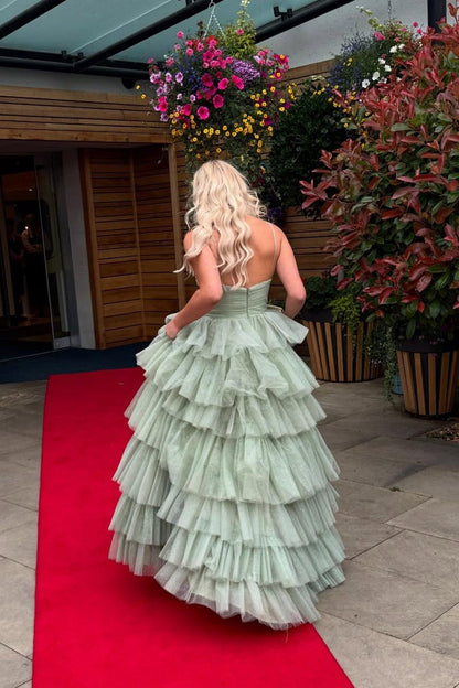 Sweetheart Spaghetti Straps Sleeveless Floor-Length Pleated Tulle Tiered A-Line Prom Dress