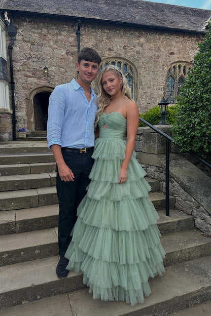 Sweetheart Spaghetti Straps Sleeveless Floor-Length Pleated Tulle Tiered A-Line Prom Dress