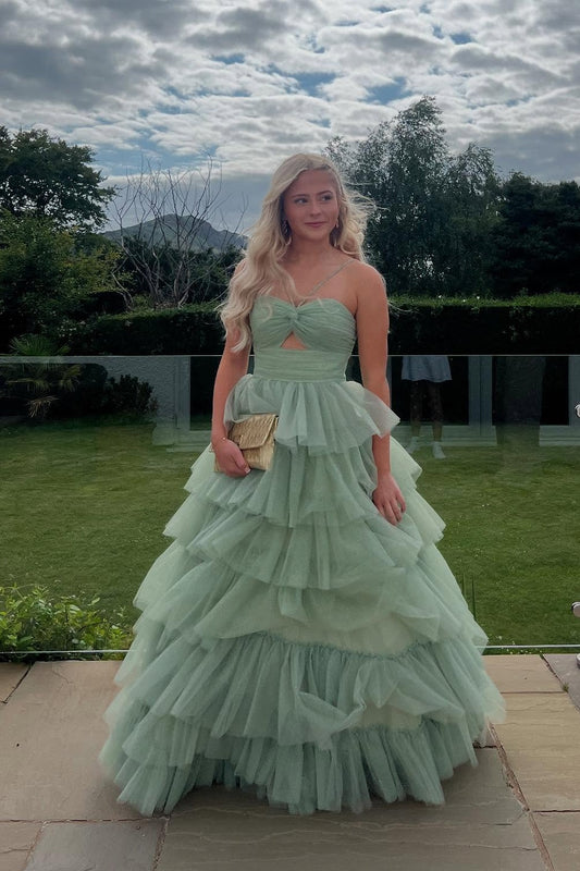 Sweetheart Spaghetti Straps Sleeveless Floor-Length Pleated Tulle Tiered A-Line Prom Dress