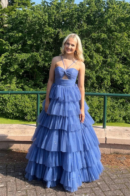 Sweetheart Spaghetti Straps Sleeveless Floor-Length Pleated Tulle Tiered A-Line Prom Dress