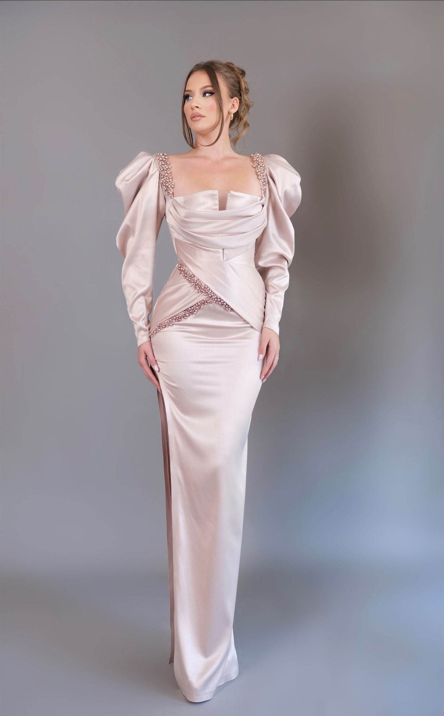 Long Sleeves Sweetheart Sequins Ruched Evening Dress