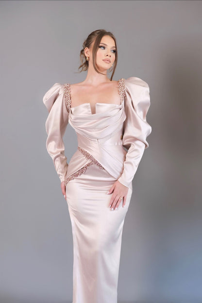 Long Sleeves Sweetheart Sequins Ruched Evening Dress