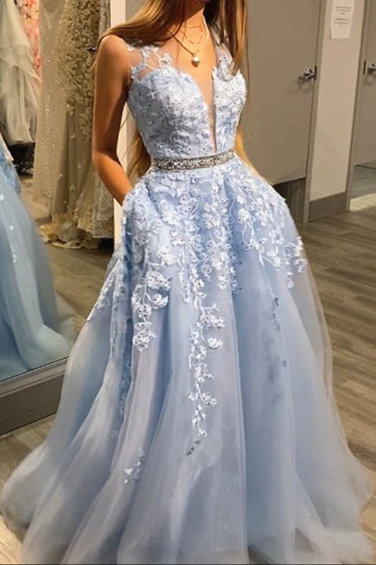 Blue V Neck Long Lace Formal Evening Dress