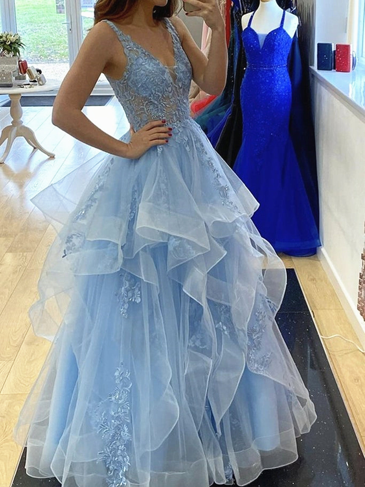 Light Blue Lace Formal Evening Dress