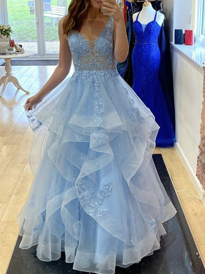 Light Blue Lace Formal Evening Dress