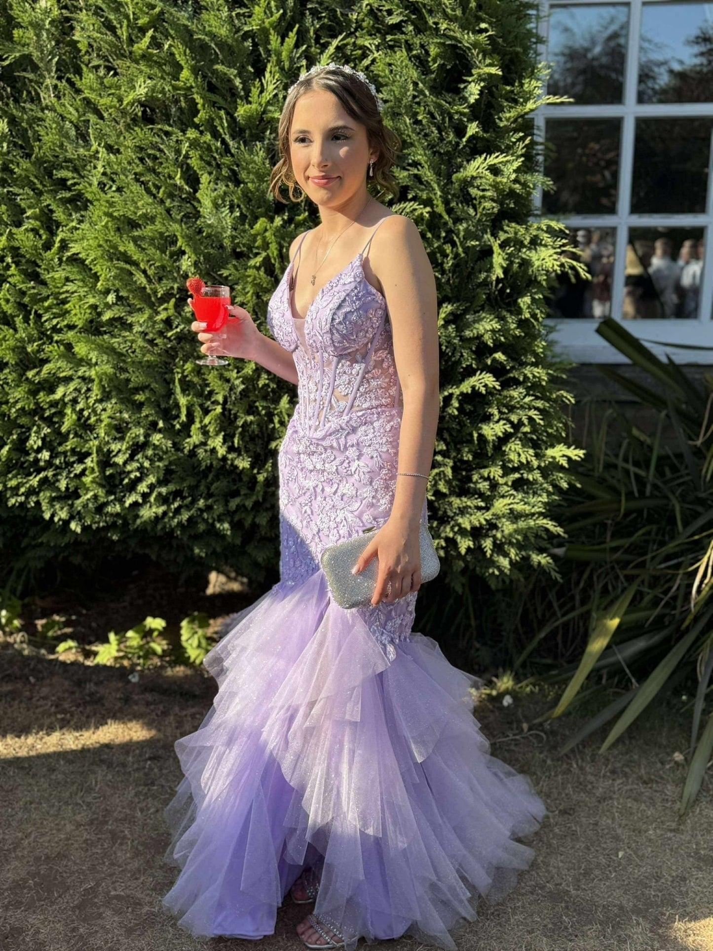 Deep V-Neck Spaghetti Straps Sequined Applique Tulle Tiered Trumpet Mermaid Prom Dress