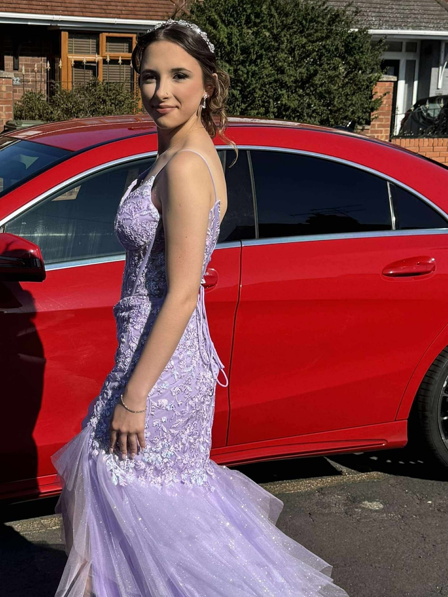 Deep V-Neck Spaghetti Straps Sequined Applique Tulle Tiered Trumpet Mermaid Prom Dress