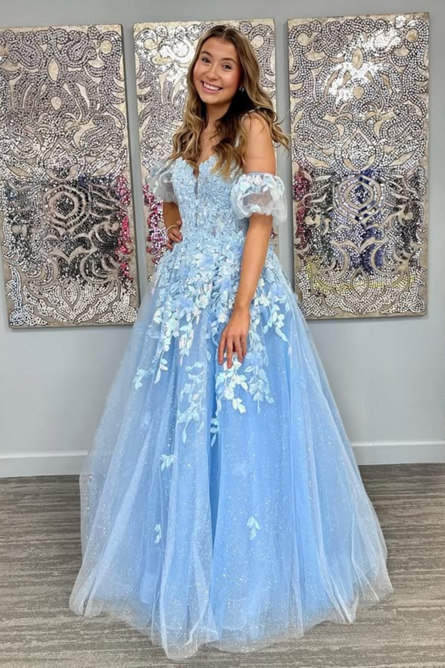 V Neck Off the Shoulder Blue Lace Appliques Long Prom Dress