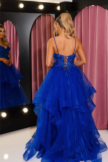 V Neck Open Back Blue Lace Up Long Prom Dress