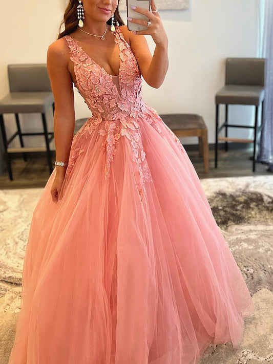 Pink V Neck Long Lace Formal Evening Dress