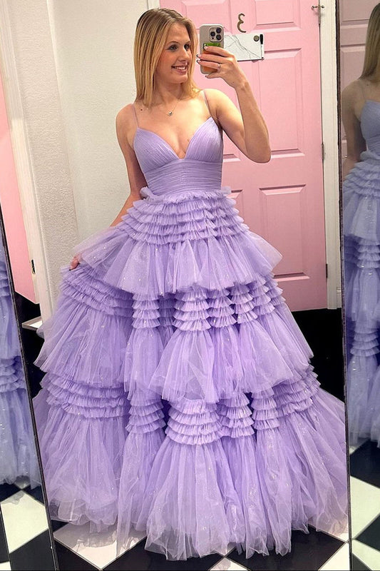 V-Neck Purple Muti Layer Tulle Long Prom Dress