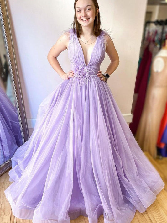 V Neck Purple Tulle Formal Evening Dress