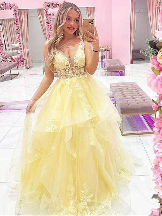 Yellow Lace Long Formal Graduation Dress