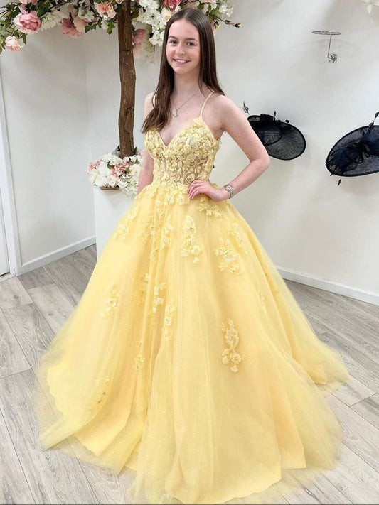 Yellow Lace V Neck Formal Graduation Dress