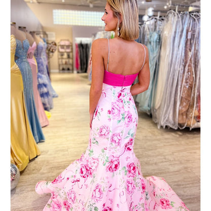Mermaid Satin Floral Print Prom Dresses Long V Neck Evening Party Gowns