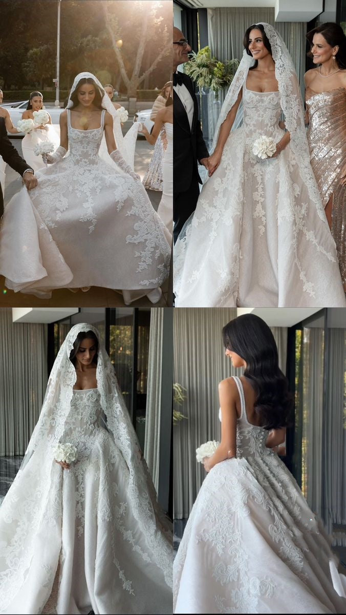 Ball Gown Square Neck White Lace Tulle Long Wedding Dresses Summer Brides Dress Bridal Gowns