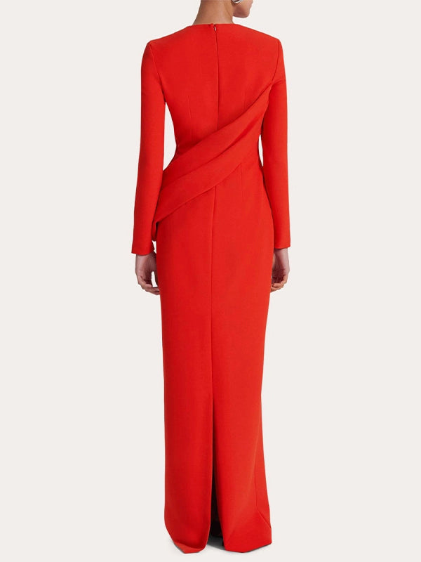 Red Sheath/Column Scoop Long Sleeves Chiffon Floor-Length Ruffles Formal Dress