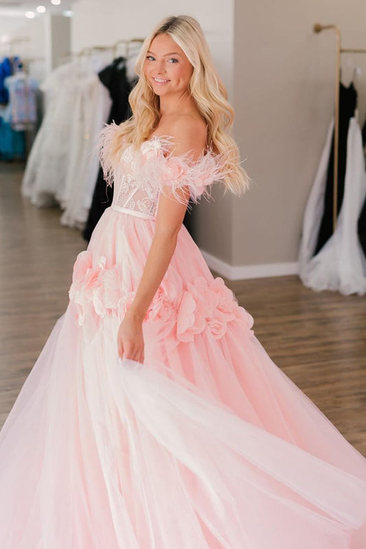 A-Line Off Shouder Lace Tulle Prom Dress