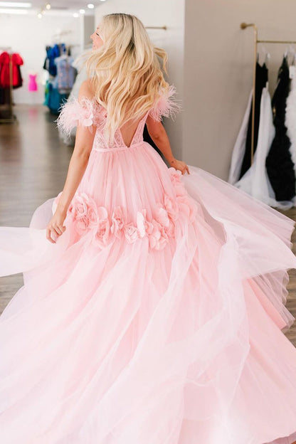 A-Line Off Shouder Lace Tulle Prom Dress