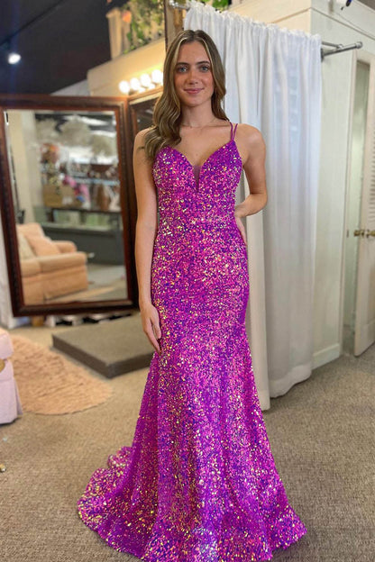 Sequin Mermaid Prom Dresses Sparkly V Neck Evening Dress