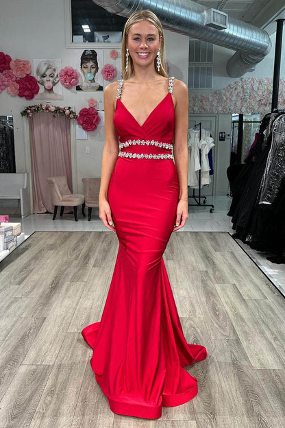 Red Crystal Strap Mermaid Prom Dress V Neck Satin Evening Gown