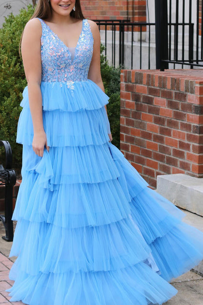 Blue A Line V-Neck Long Tiered Prom Dress with Slit And Appliques