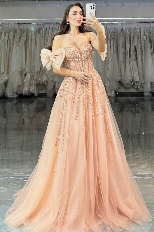 A-Line Strapless Pleated Bow Knot Beaded Appliques Prom Dress