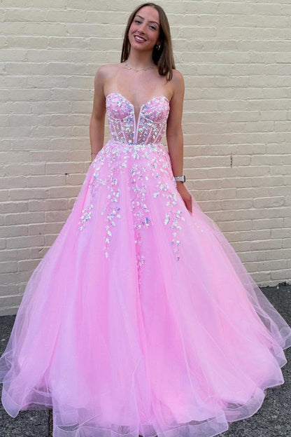 A-Line Strapless Sleeveless Pleated Sequins Appliques Tulle Prom Dress