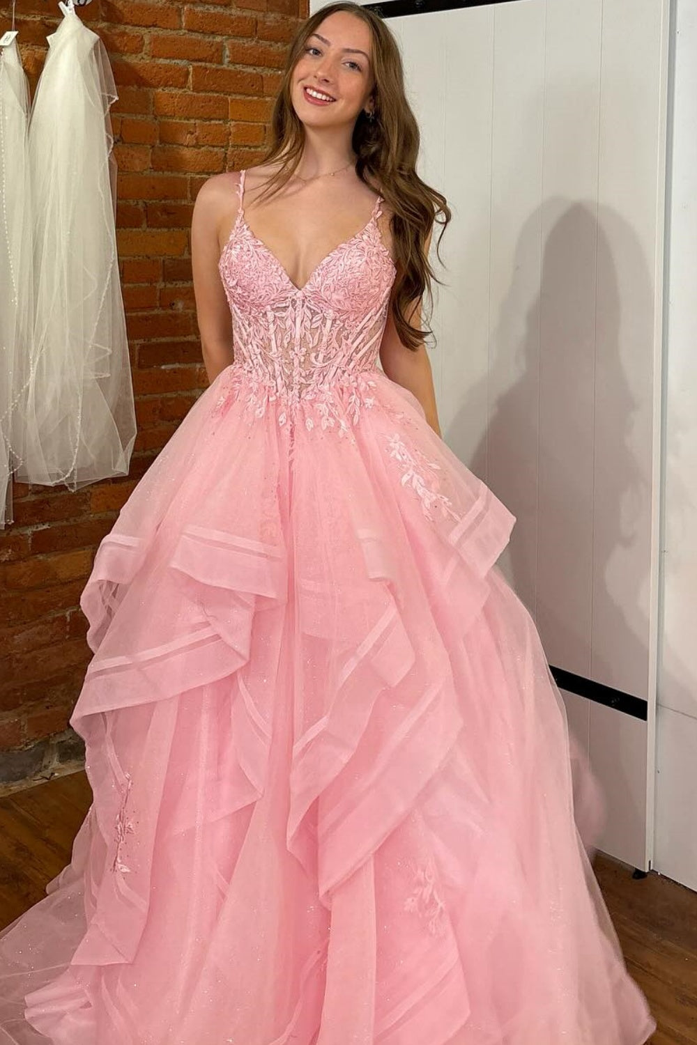 A-Line V Neck Spaghetti Straps Sleeveless Pleated Ruffles Prom Dress