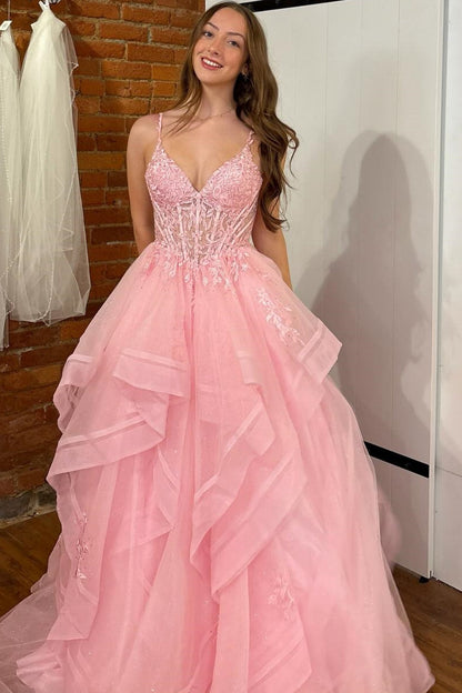 A-Line V Neck Spaghetti Straps Sleeveless Pleated Ruffles Prom Dress