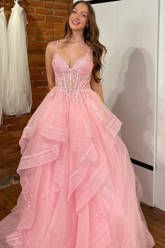 A-Line V Neck Spaghetti Straps Sleeveless Pleated Ruffles Prom Dress