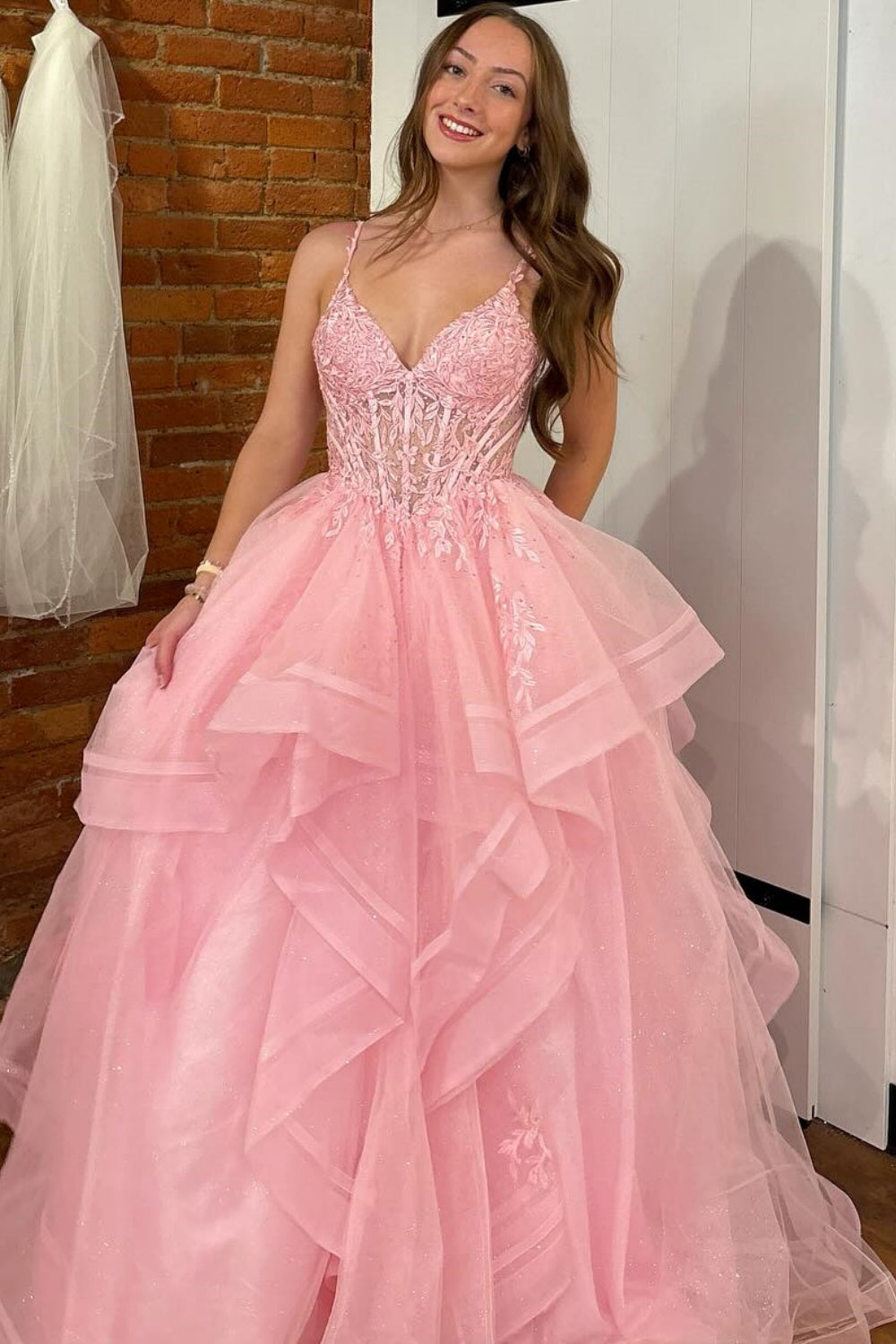 A-Line V Neck Spaghetti Straps Sleeveless Pleated Ruffles Prom Dress