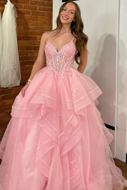 A-Line V Neck Spaghetti Straps Sleeveless Pleated Ruffles Prom Dress