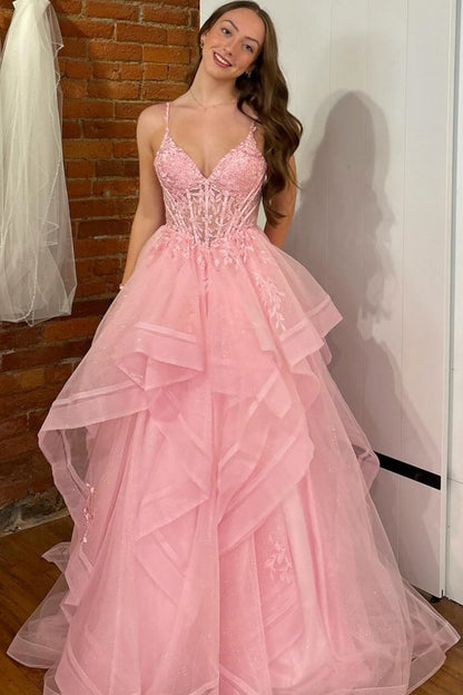 A-Line V Neck Spaghetti Straps Sleeveless Pleated Ruffles Prom Dress