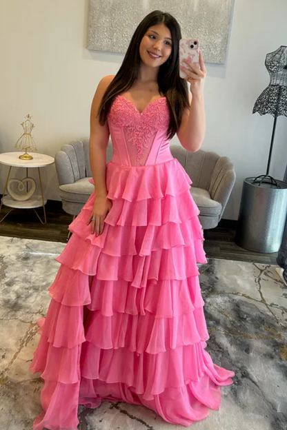 A-Line Strapless Appliques Ruffles Tiered High Side Slit and Train Prom Dress