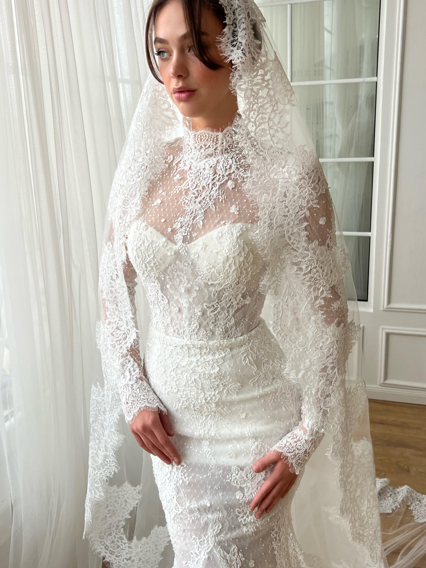 High Neck Long Sleeves Mermaid Lace Sweep Train  Bridal Dress