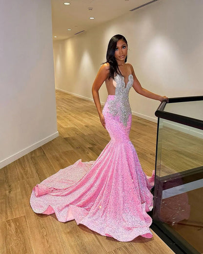 Luxury Pink Sequined Mermaid Crystal Prom Dress