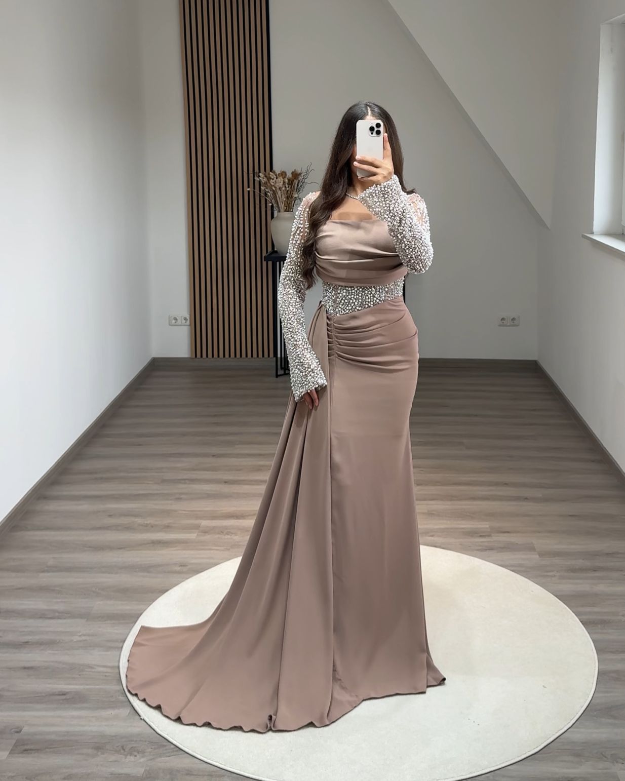 Long Sleeves Off-Shoulder Floral Appliques Evening Dress