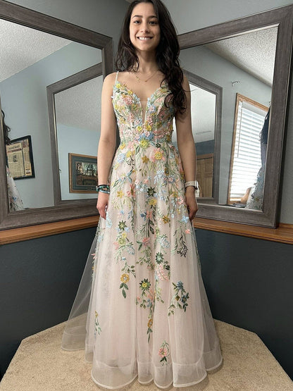 Whimsical Pastel Blush Floral Embroidered Tulle Long Prom Dress