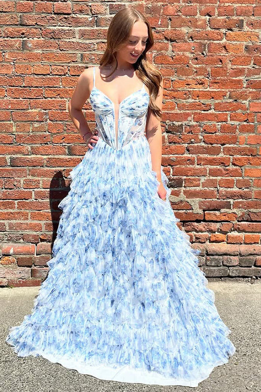 Blue Floral Tiered Ruffled Corset Prom Dress