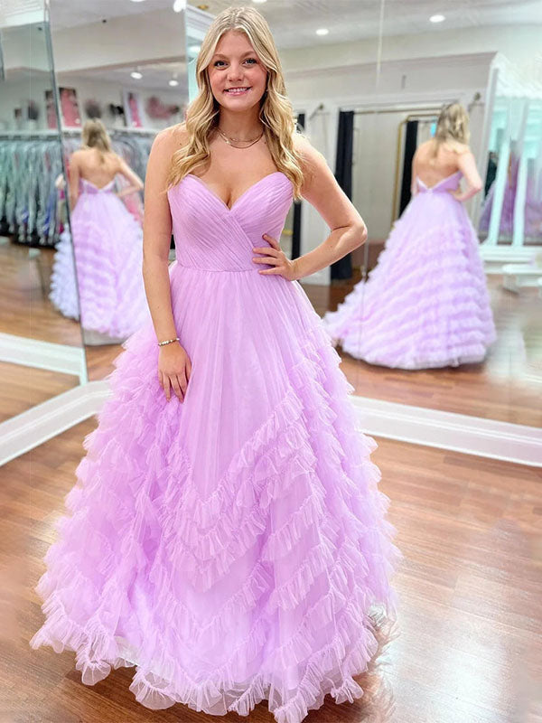 Whimsical Strapless Ruffled Tulle Long Prom Dress