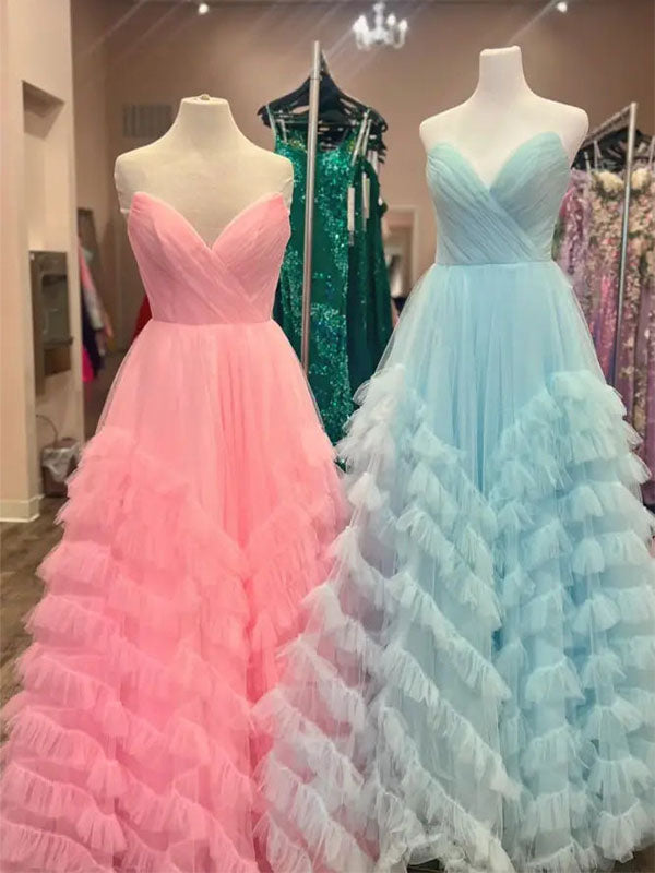 Whimsical Strapless Ruffled Tulle Long Prom Dress