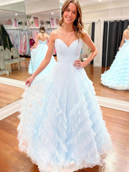 Whimsical Strapless Ruffled Tulle Long Prom Dress
