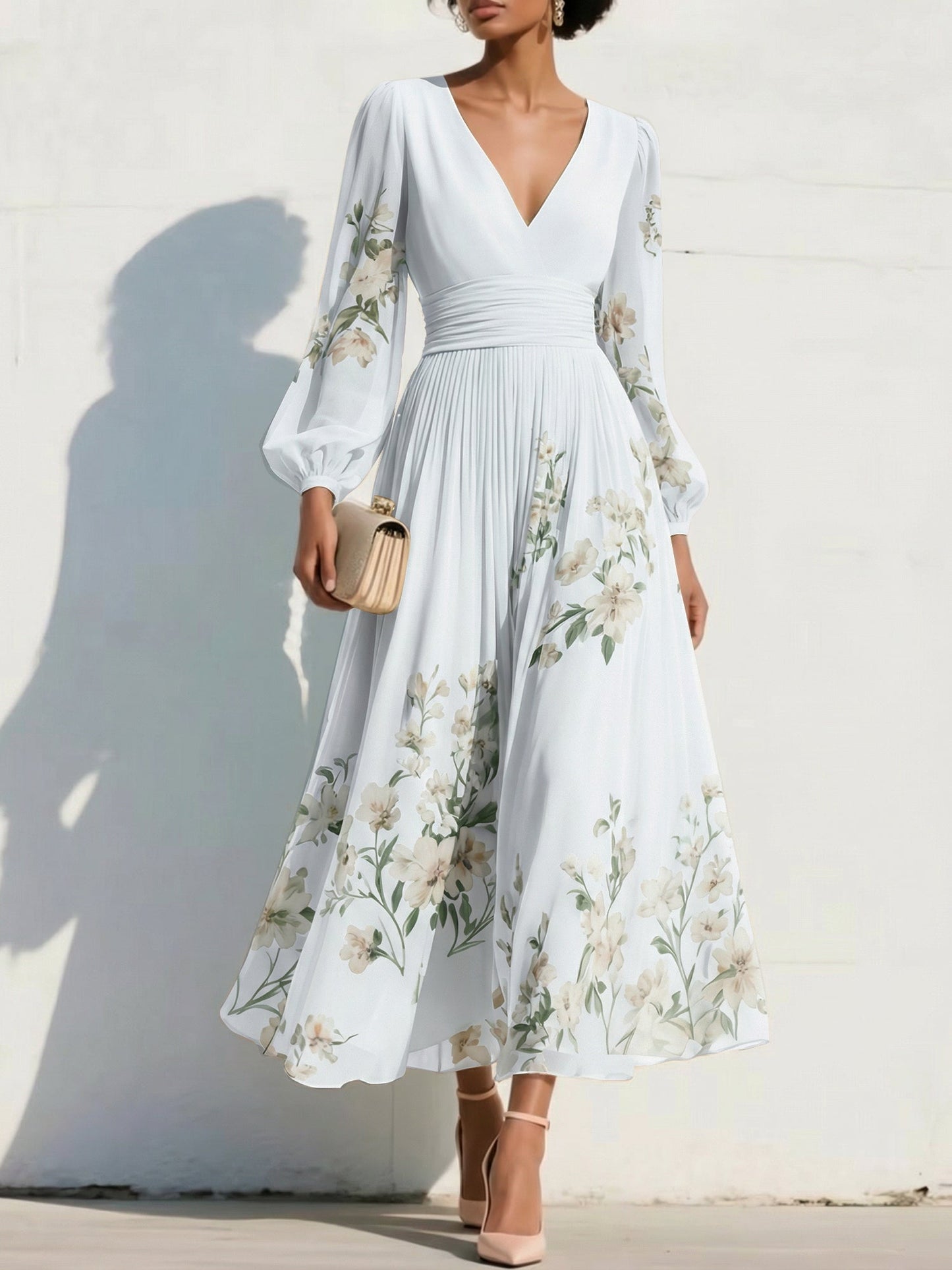 V-Neck Print-Chiffon Pleated Tea-Length Mother of the Bride Dress