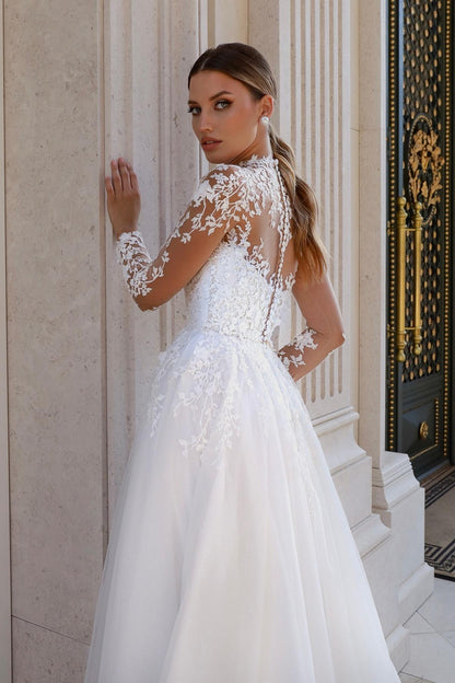 White Wedding Dress A Line Lace High Neck Illusion Sleeves Sweep Train Tulle Bridal Gown With Appliques