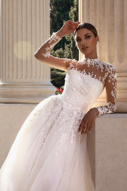 White Wedding Dress A Line Lace High Neck Illusion Sleeves Sweep Train Tulle Bridal Gown With Appliques