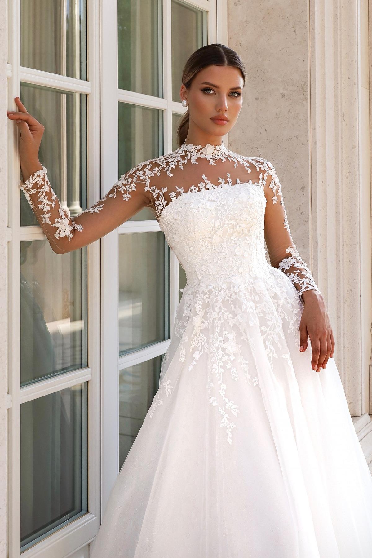 White Wedding Dress A Line Lace High Neck Illusion Sleeves Sweep Train Tulle Bridal Gown With Appliques