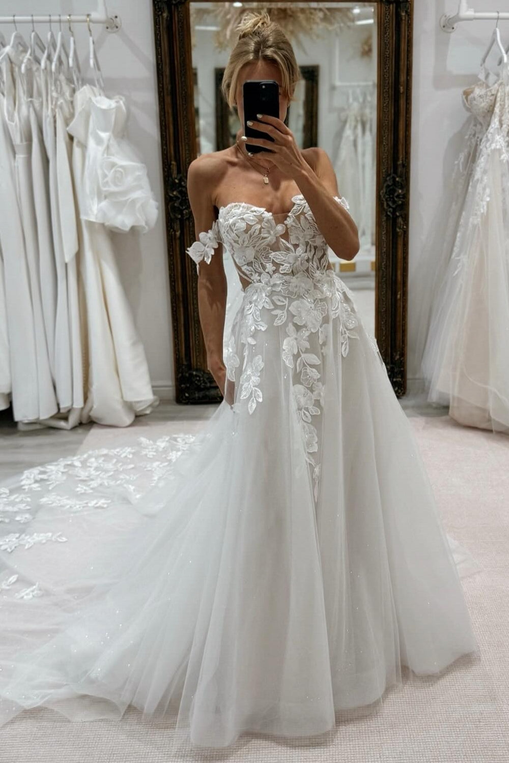 White Wedding Dress A Line Lace Off The Shoulder Sleeveless Cathedral Train Tulle Bridal Gown With Appliques